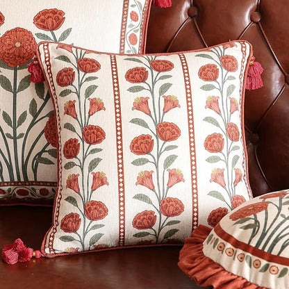 Vintage Square Throw Pillow Covers Pack of 2,Red Cozy Velvet with Leaves and Floral Pattern Pillowcases,Decoration Pillows Cushion Covers for Living Room Couch Sofa Bed Car Chair,18"x18"