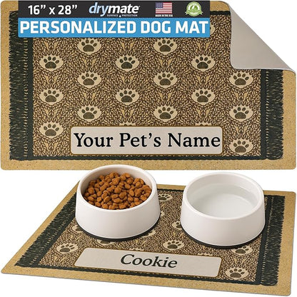 Drymate Personalized Pet Bowl Placemat, Custom Dog & Cat Food Feeding Mat - Absorbent Fabric, Waterproof Backing - Machine Washable/Durable (USA Made) (16" x 28") (Brown Paw Braid)