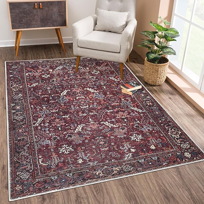 Bloom Rugs Washable Non-Slip 2' x 3' Rug - Burgundy Traditional Bordered Area Rug for Living Room, Bedroom, Dining Room, and Kitchen - Exact Size: 2' x 3'
