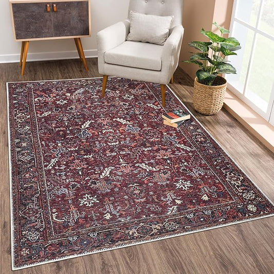 Bloom Rugs Washable Non-Slip 9' x 12' Rug - Burgundy Traditional Bordered Area Rug for Living Room, Bedroom, Dining Room, and Kitchen - Exact Size: 9' x 12'