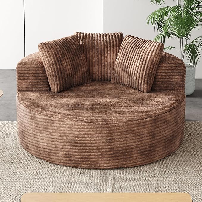 JACH Oversized Round Lazy Sofa Chair with Three Pillows, 50" Corduroy Deep Seat Single Sleeper Sofas, Upholstered Chaise, Cloud Couch for Living Room, Apartment, Light Brown