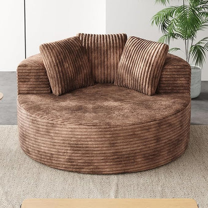 JACH Oversized Round Lazy Sofa Chair with Three Pillows, 50" Corduroy Deep Seat Single Sleeper Sofas, Upholstered Chaise, Cloud Couch for Living Room, Apartment, Light Brown