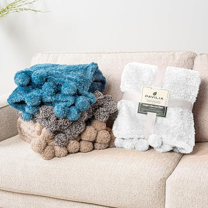 Pavilia White Sherpa Throw Blanket - Warm Plush Pom Pom Blanket for Couch & Bed, Cozy Fuzzy Throw (Twin, 60x80)