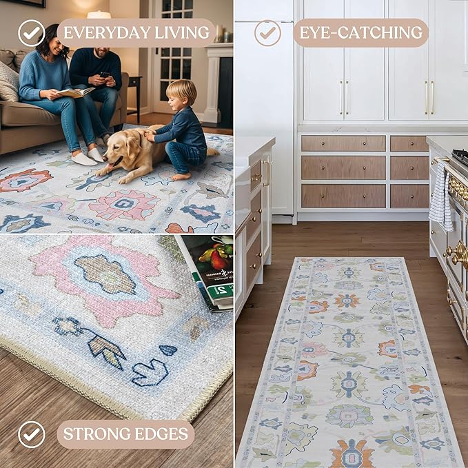 Fame Living Cream Oushak Runner Rug, Vintage Runners, Turkish, Eclectic, Floral, Pastel, Washable, Small Throw Rugs, Short Runner for Hallway, Entryway, Laundry, Bedroom, Kitchen, Bathroom, 2'5"x6'5"