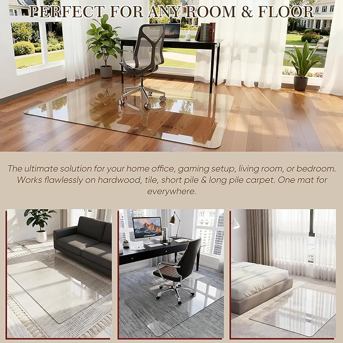 28"x42" Tempered Glass Office Chair Mat for Carpet & Hardwood Floor, 1/6" Thick Clear Floor Protector Desk Chair Mat with Rounded and Polished Edges