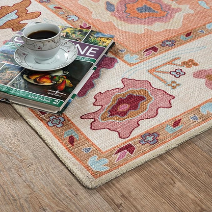 Fame Living Orange Oushak Rug, Modern, Vintage, Turkish, Eclectic, Floral, Pastel, Washable, Extra Large Area Rugs for Living Room, Dining, Bedroom, Lounge, 9'x12'