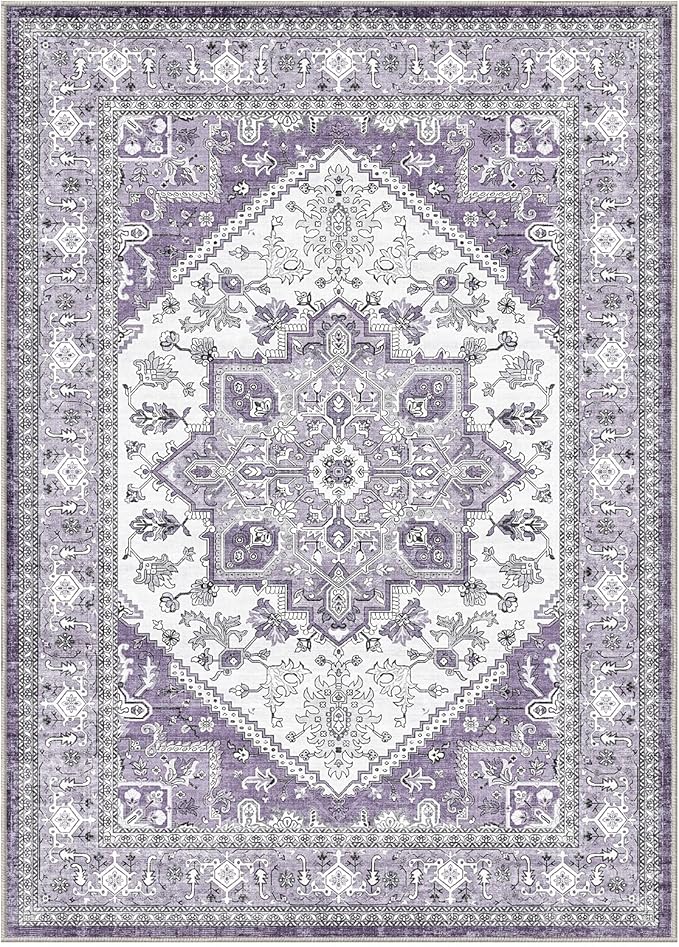 OPPODREAM Thin 10x14 Area Rugs, Washable Rugs 10x14 with Non Slip Backing, Low-Pile Faux Cashmere 10 x 14 Carpet, Purple
