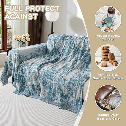 MEETSKY Blue Couch Cover Sectional Sofa Covers Washable Chenille Geometric Abstract Geometric Couch Covers for 2 Cushion Sofa Slipcover Multi-Use Durable Couch Throw Cover for Dogs Pets, 71" x 118"