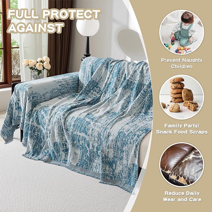 MEETSKY Boho Sofa Cover Sofa Slipcover Thick Chenille Blue Couch Cover for 3-4 Cushion Couch Sofa Reversible Universal Couch Cushion Cover XXL Sofa Protector for Dog Cat, 91"x150"