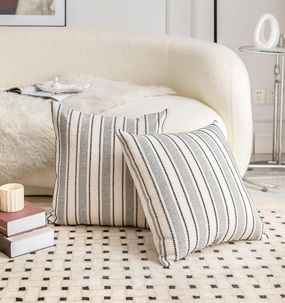 Decorative Boho Throw Pillow Covers, Farmhouse Textured Pillow Case, 18 x 18 Inch Set of 2, Chair Sofa Bedroom Living Room Home Decor Couch Cushion Case, Black and Beige Striped