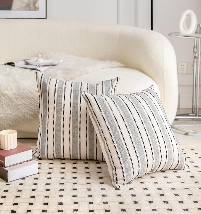 Decorative Boho Throw Pillow Covers, Farmhouse Textured Pillow Case, 22 x 22 Inch Set of 2, Chair Sofa Bedroom Living Room Home Decor Couch Cushion Case, Black and Beige Striped
