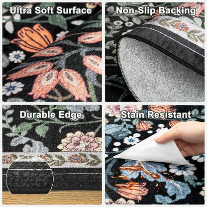 Area Rugs 9x12 Living Room: Floral Washable Rug Vintage Large Soft Boho Non-Slip Carpet Indoor Stain Resistant Low Pile Carpets for Bedroom Dining Room Farmhouse Nursery Hallway Home Office Dark Black