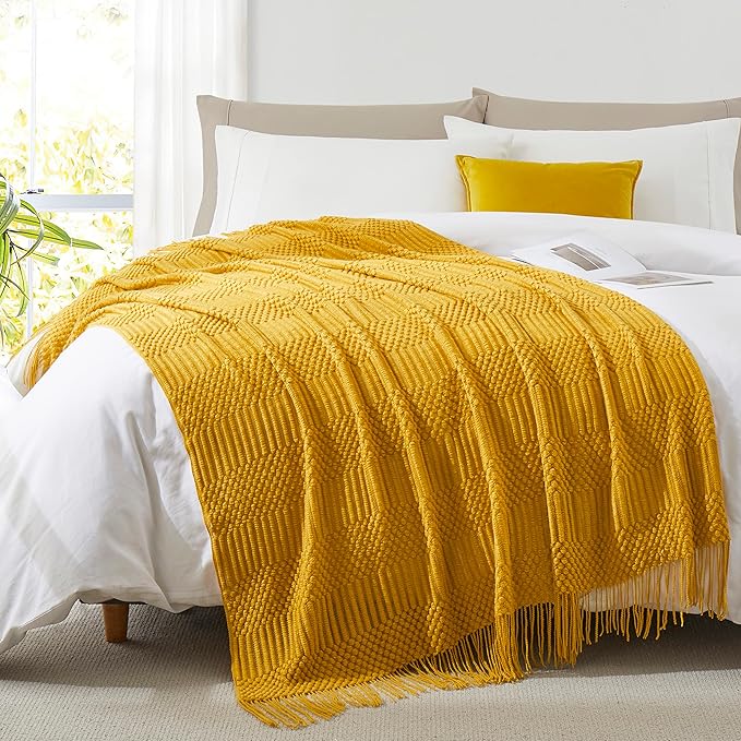 Mustard Yellow Knitted Throw Blankets for Couch, Bedroom and Officeroom,Textured Fade Resistant Soft and Warm Decorative Knitted Blankets with Tassel,50"x60"
