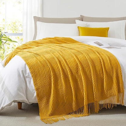 Mustard Yellow Knitted Throw Blankets for Couch, Bedroom and Officeroom,Textured Fade Resistant Soft and Warm Decorative Knitted Blankets with Tassel,50"x60"