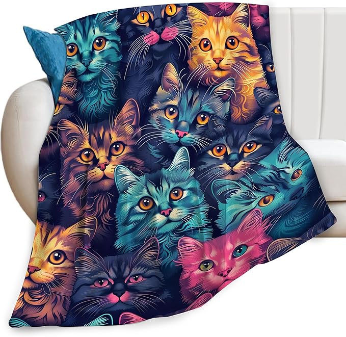 Funny Colorful Cat Print Blanket Kawaii Kitty Animal Throw Blankets Gifts for Couch Sofa Bed Stuff Decor Soft Cozy Fleece Plush Warm Flannel Bedding for Lover Men Women 50"x60"
