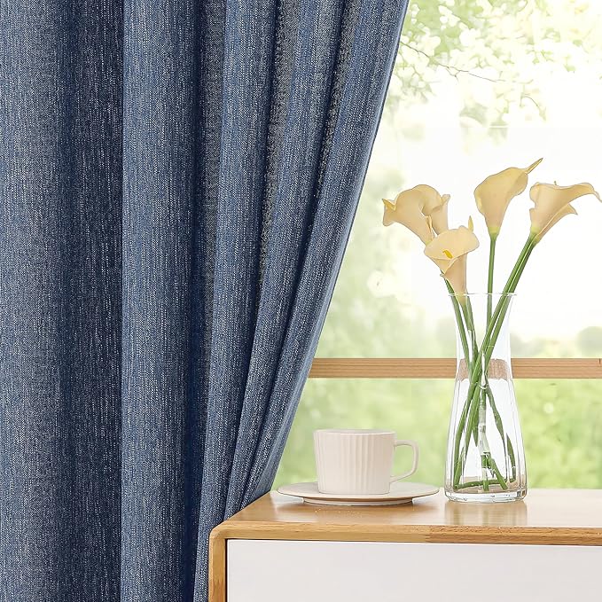 Simplebrand Navy Blue Faux Linen Textured Curtains 63 Inch Length 2 Panels for Bedroom, Semi Sheer Light Filtering Privacy Farmhouse Curtains, Soft Thick Rod Pocket Window Drapes, 40W x 63L Inch