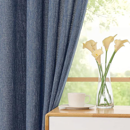 Simplebrand Navy Blue Faux Linen Textured Semi Sheer Curtains 72 Inches Long 2 Panels Set, Light Filtering Privacy Farmhouse Curtains, Soft Window Drapes Rod Pocket Top for French Door, 40W x 72L