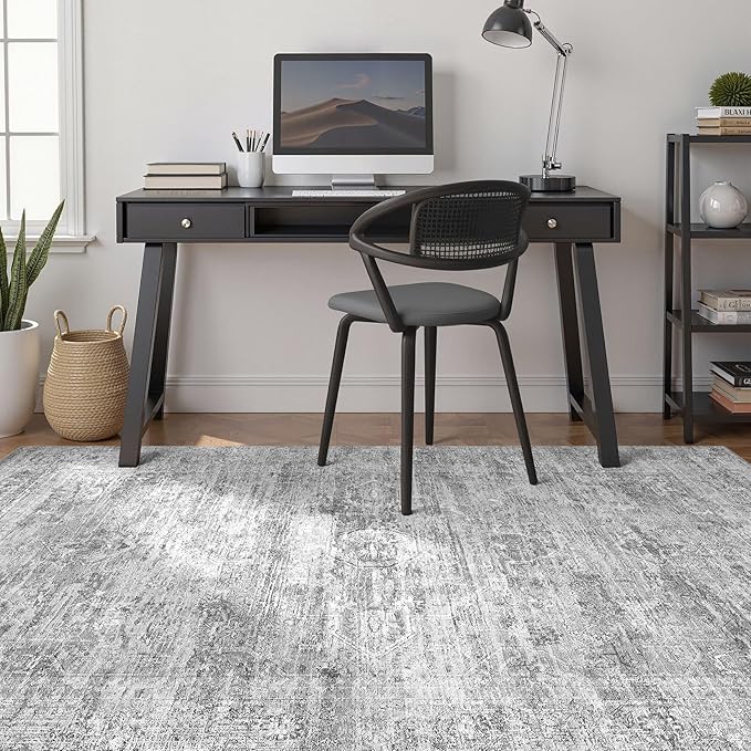 Grey Rug 5x7 Area Rugs: Washable Boho Large Vintage Neutral Soft Rug Stain Resistant Farmhouse Non-Slip Indoor Floor Carpet for Living Room Bedroom Playroom Office Dining Room Apartment Dorm