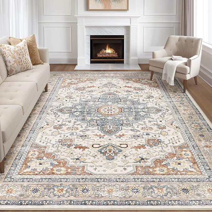 10x14 Area Rugs Living Room: Washable Boho Large Neutral Vintage Soft Rug Stain Resistant Distressed Farmhouse Non-Slip Indoor Floor Carpet for Bedroom Nursery Kids Office Dining Room- Beige Blue