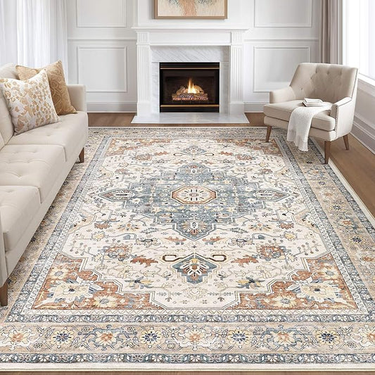 10x12 Area Rug Living Room: Washable Boho Large Neutral Vintage Soft Rugs Stain Resistant Distressed Farmhouse Non-Slip Indoor Floor Carpet for Bedroom Nursery Kids Office Dining Room- Beige Blue