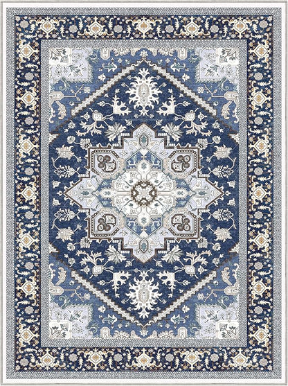 OPPODREAM Thin Area Rugs 9x12 Living Room, Washable Rugs 9x12 with Non Slip Backing, Faux Cashmere Low-Pile 9 x 12 Carpet, Navy Blue & Gold