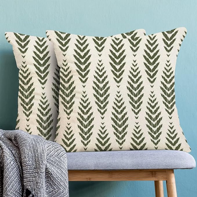 BETGINY Sage Green Boho Pillow Covers 18 x 18 Inch Pack of 2, Bohemian Ethnic Herringbone Pattern Decorative Throw Pillow Covers Vintage Linen Farmhouse Outdoor Pillowcase for Bedroom Home Sofa Decor