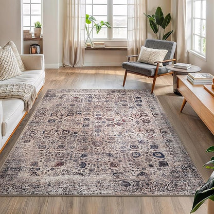 Bloom Rugs Washable Non-Slip 5' x 7' Rug - Light Tan/Blue Traditional Oriental Area Rug for Living Room, Bedroom, Dining Room, and Kitchen - Exact Size: 5' x 7'