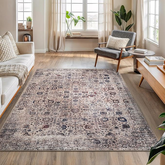 Bloom Rugs Washable Non-Slip 5' x 7' Rug - Light Tan/Blue Traditional Oriental Area Rug for Living Room, Bedroom, Dining Room, and Kitchen - Exact Size: 5' x 7'
