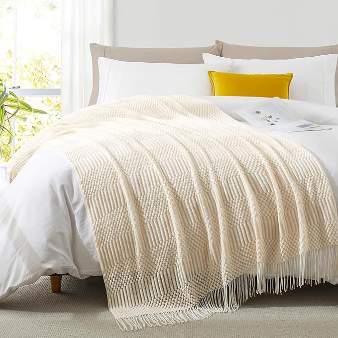 Off White Knitted Throw Blankets for Couch, Bedroom and Officeroom,Textured Fade Resistant Soft and Warm Decorative Knitted Blankets with Tassel,50"x60"