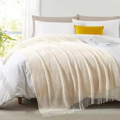 Off White Knitted Throw Blankets for Couch, Bedroom and Officeroom,Textured Fade Resistant Soft and Warm Decorative Knitted Blankets with Tassel,50"x60"