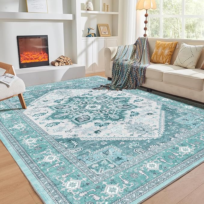 OPPODREAM Thin 6x9 Area Rugs, Washable Rug 6x9 with Non Slip Backing, Faux Cashmere Low-Pile 6 x 9 Carpet, Teal & Turquoise & Cream