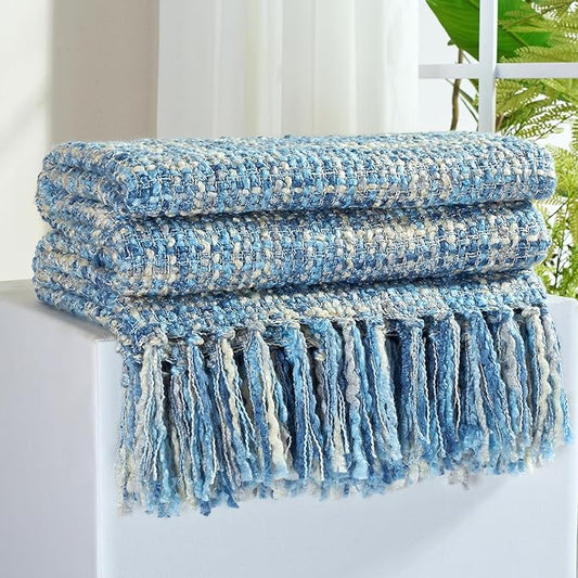 Multi-Color Light Blue Cable Knitted Throw Blanket for Couch,50"X60" Boho Style Textured Blankets for Home Decor,Super Soft Warm Cozy Chunky Knit Blanket with Decorative Tassels for Bed