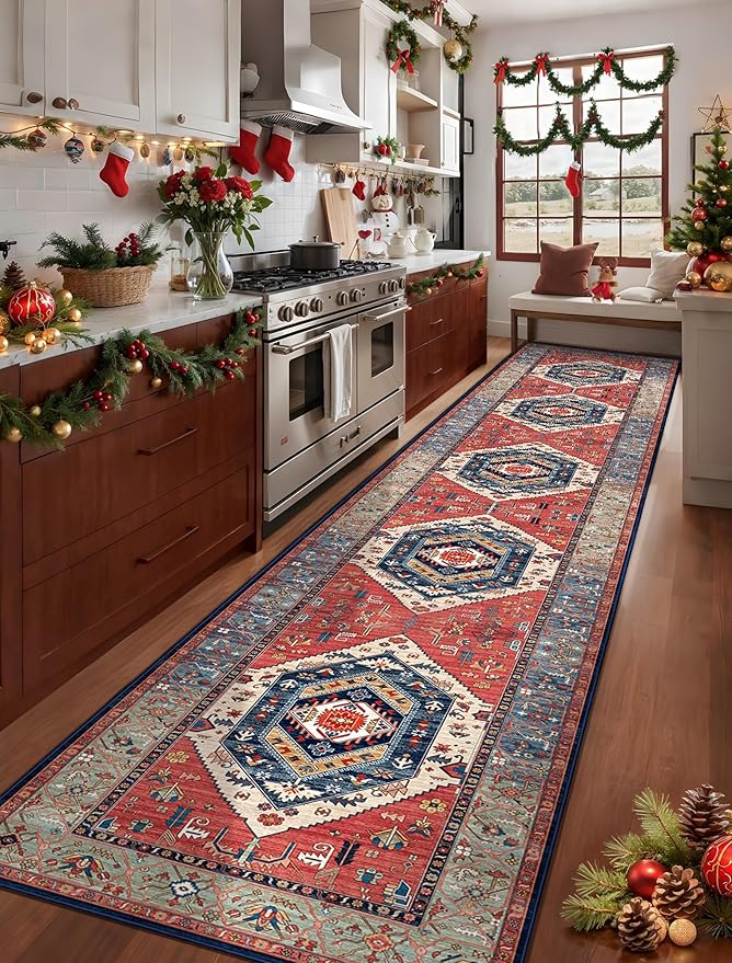 SERISSA Runner Rug for Hallways, 2'6"x14' Washable Non Slip Kitchen Runner Rug, Extra Long Boho Rug Ultra Soft Vintage Rust Print Floor Carpet for Bedroom Hallway Entryway Bathroom Laundry Room