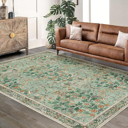 MUJOO Green 5x7 Area Rugs,Floral Washable Rug for Living Room Bedroom Office Dining Room,Large Throw Carpet,Boho Non Slip Indoor Floor Big Soft Botanical Vintage Ultra-Thin