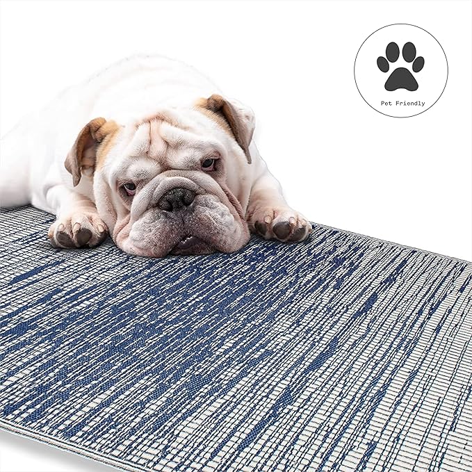 Fab Habitat Outdoor Rug - Waterproof, Fade Resistant, Crease-Free - Premium Recycled Plastic - Distressed Abstract Stripes - Large Patio, Deck, Sunroom, Camping, RV - Brooklyn - Blue - 6 x 9 ft