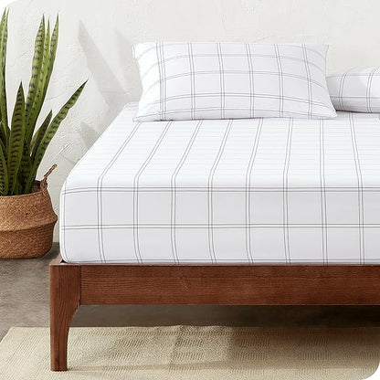 Bare Home Fitted Bottom Sheet Twin XL Size - Premium 1800 Microfiber - Ultra-Soft Hotel Luxury - Deep Pocket - Durable and Long Lasting (Twin XL, Modern Plaid - White/Grey)