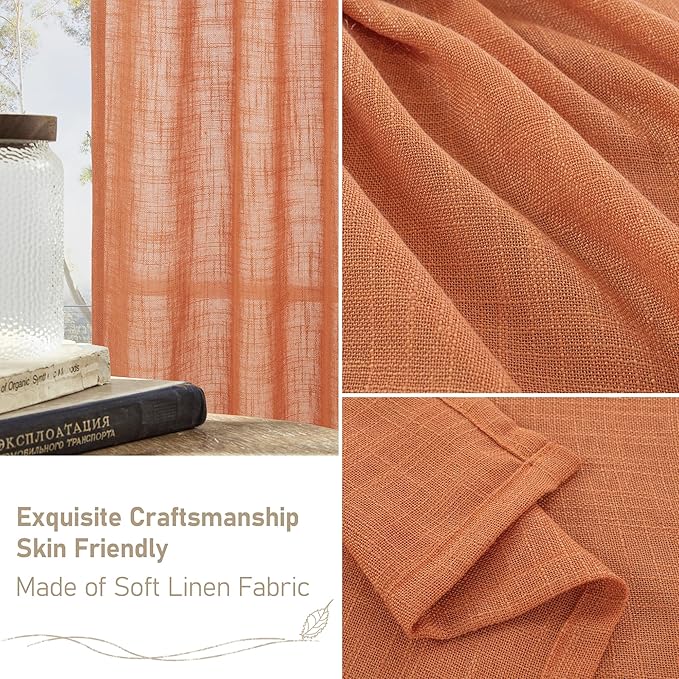 LAMIT Semi Sheer Linen Curtains 45 Inches Long, Light Filtering Panels Back Tab and Rod Pocket Country Decor Drapes for Farmhouse/Window/Bedroom, Burnt Orange, 2 Panels, 52 x 45 Inch