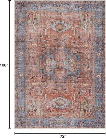 Bloom Rugs Washable 6' x 9' Rug - Terracotta/Blue Traditional Area Rug for Living Room, Bedroom, Dining Room, and Kitchen - Exact Size: 6' x 9'