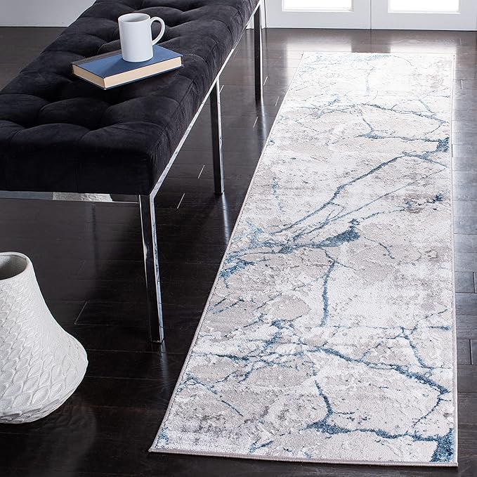 SAFAVIEH Amelia Collection Runner Rug - 2' x 12', Grey & Blue, Modern Abstract Design, Non-Shedding & Easy Care, Ideal for High Traffic Areas in Living Room, Bedroom (ALA293F)