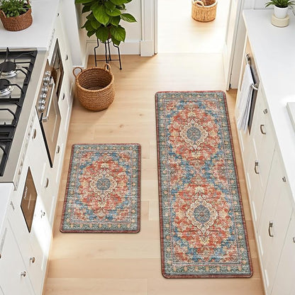 Boho Kitchen Mats for Floor 2 Piece Set Anti Fatigue Cushioned PVC Kitchen Rugs Non Slip Waterproof Farmhouse Mats 2/5 Inch Comfort Standing Mat for Sink, Laundry, 17.3"x59"+17.3"x28", Retro Red