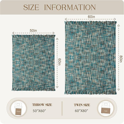 Multi-Color Teal Cable Knitted Throw Blanket for Couch,60"X80" Boho Style Textured Blankets for Home Decor,Super Soft Warm Cozy Chunky Knit Blanket with Decorative Tassels for Bed and Sofa
