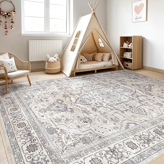 7x9 Area Rug Living Room: Washable Boho Large Neutral Vintage Soft Rugs Stain Resistant Farmhouse Non Slip Indoor Floor Carpet for Bedroom Nursery Kids Playroom Office Dining Room- Ivory Gray