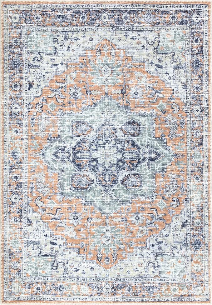 Bloom Rugs Washable Non-Slip 6' x 9' Rug - Peach/Blue Traditional Area Rug for Living Room, Bedroom, Dining Room, and Kitchen - Exact Size: 6' x 9'