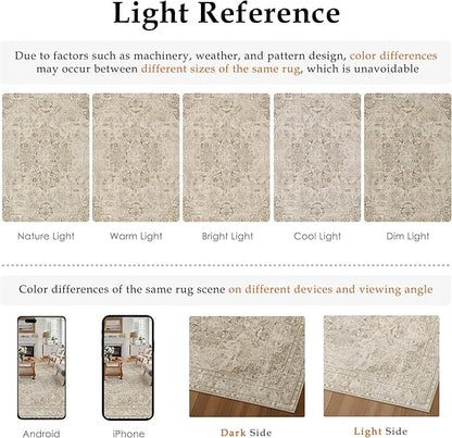 Brown 6x9 Area Rug Washable Vintage Carpet for Living Room Bedroom Large Soft Retro Floral Low Pile Thin Indoor Rug Non Slip Central Medallion Floor Cover for Dining Room Office