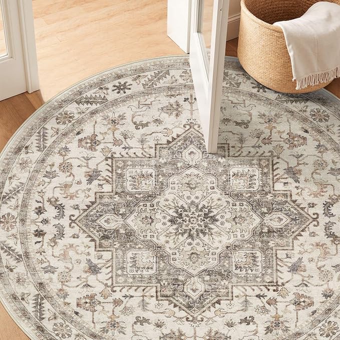 5ft Round Vintage Living Room Area Rug - 5x5 Large Soft Washable Oriental Traditional Distressed Farmhouse Rugs for Bedroom - Indoor Floor Accent Carpet for Home Office House Decor - Light Brown