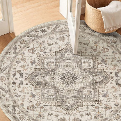 5ft Round Vintage Living Room Area Rug - 5x5 Large Soft Washable Oriental Traditional Distressed Farmhouse Rugs for Bedroom - Indoor Floor Accent Carpet for Home Office House Decor - Light Brown