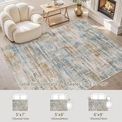 Area Rug for Living Room: 6x9 Washable Neutral Abstract Modern Soft Rugs Non Slip Indoor Floor Stain Resistant Large Carpet for Bedroom Dining Room Office Nursery - Blue Brown
