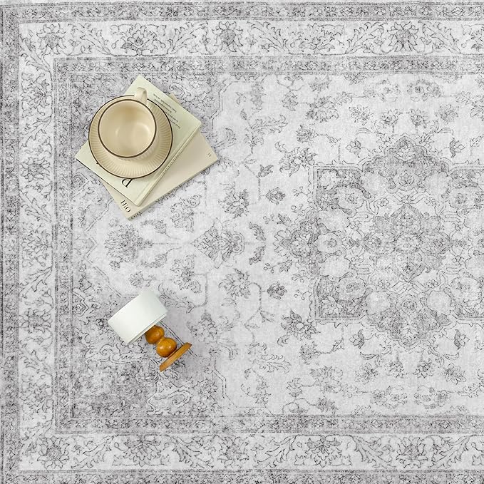 Grey Gray Runner Rug 2x8 Washable Vintage Long Carpet for Hallway Kitchen Soft Retro Low Pile Thin Indoor Runner Non Slip Oriental Medallion Throw Rug for Bathroom Bedroom Laundry Dining Room