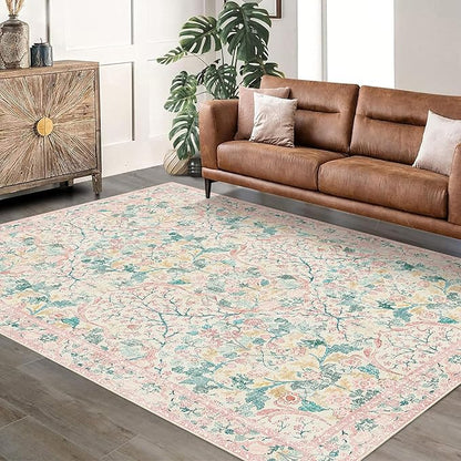MUJOO Pink 5x7 Area Rugs,Floral Washable Rug for Living Room Bedroom Office Dining Room,Large Throw Carpet,Boho Non Slip Indoor Floor Big Soft Botanical Vintage Ultra-Thin