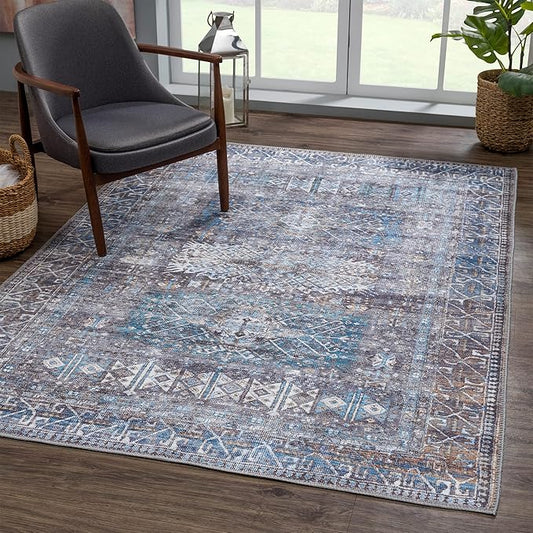 Bloom Rugs Washable 6' x 9' Rug - Slate Gray/Blue Traditional Area Rug for Living Room, Bedroom, Dining Room, and Kitchen - Exact Size: 6' x 9'